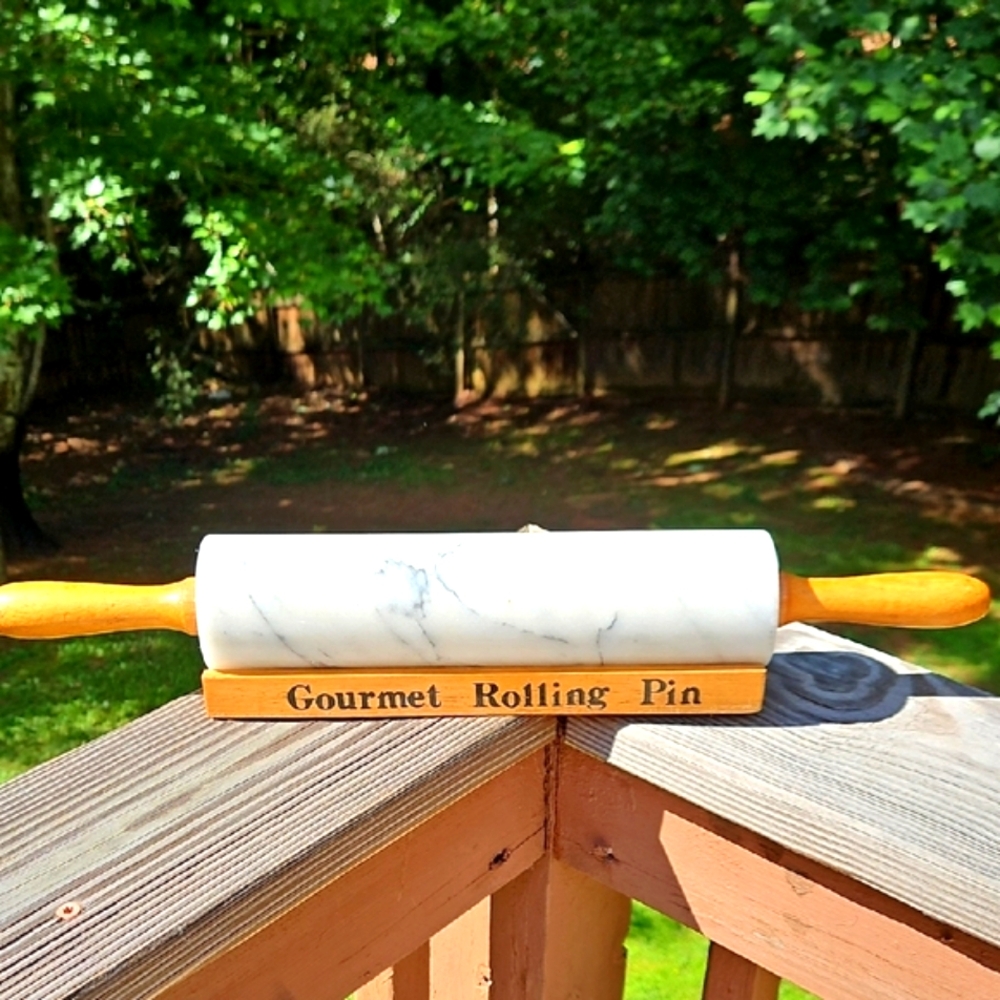 Vintage Gourmet White Marble  Brown Wood Display Stand Rolling Pin  Bakeware Set